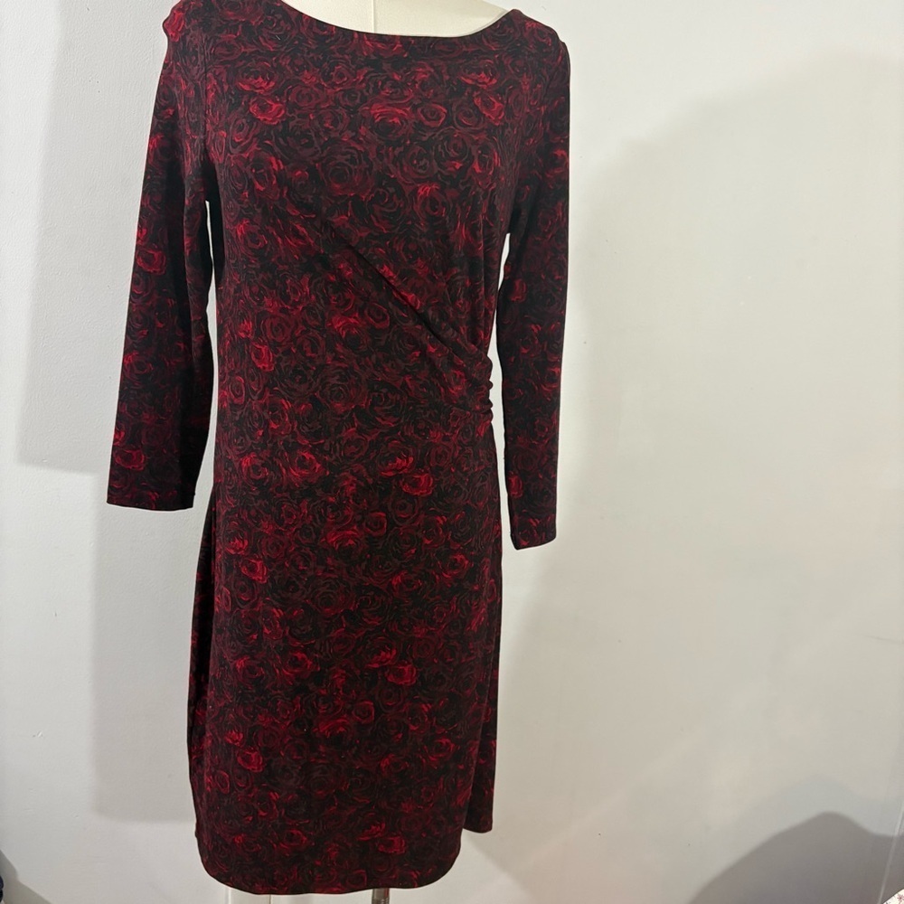 Talbots 3/4 Sleeve Floral Pattern Dress Sz MP Red Black Ruched‎ Office Party